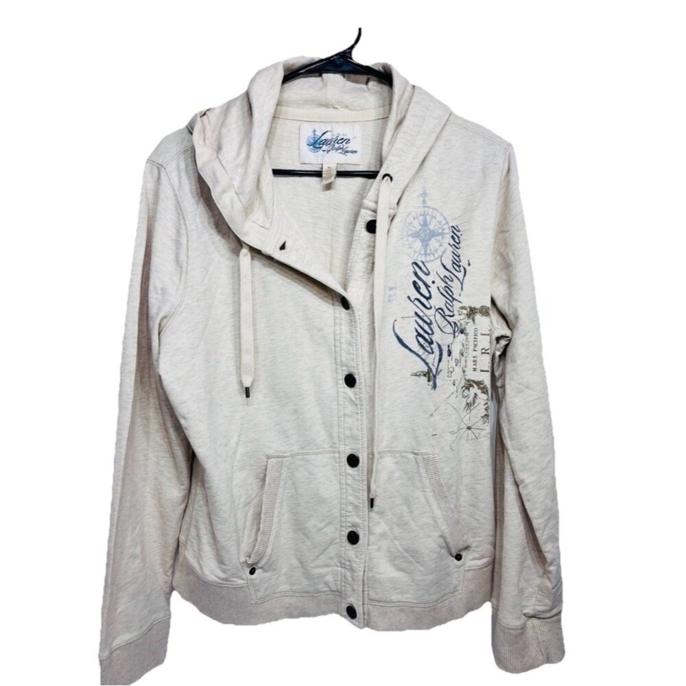 Lauren Ralph Lauren Hoodie Womens XL Beige Snap Cardigan Nautical Graphic Print